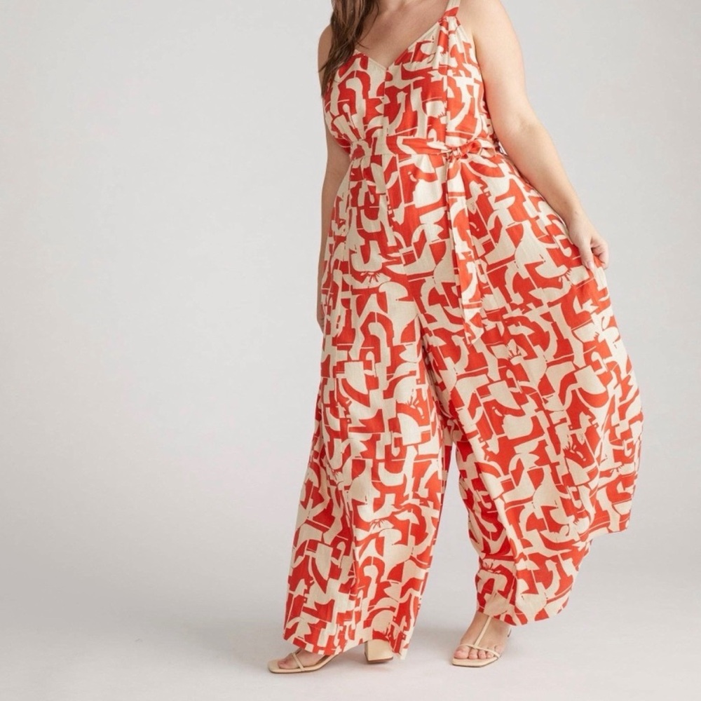 Universal Standard Promenade Linen Jumpsuit in Shoreline Sunset Print